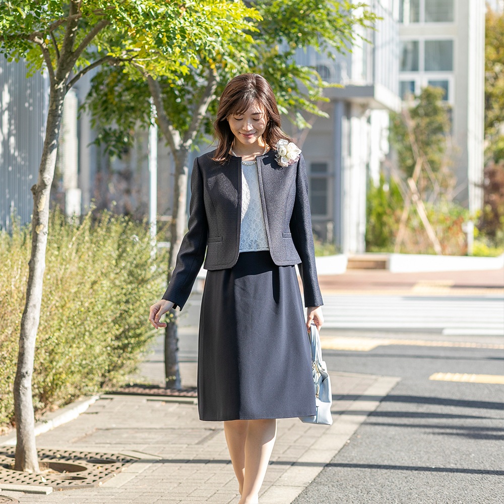 商品番号2003113]ノーカラージャケット×レースの異素材ワンピース