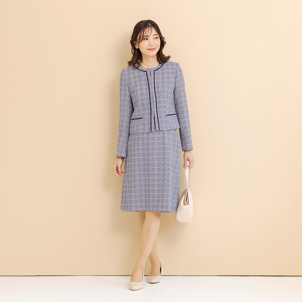 商品番号2002659]ミックスツイードのノーカラージャケット×セミ