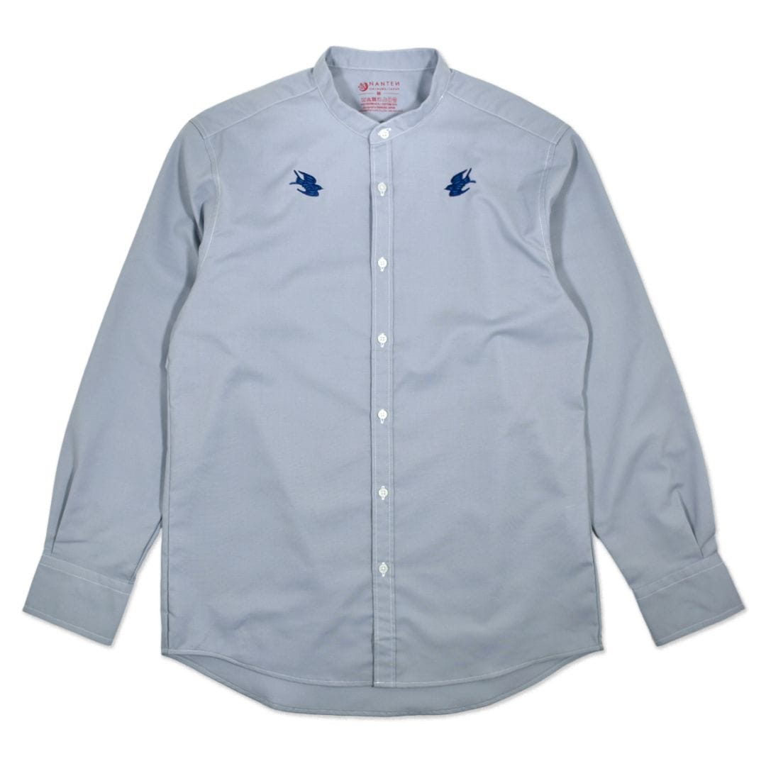 ツバメ刺繍バンドカラー長袖シャツ/グレー
