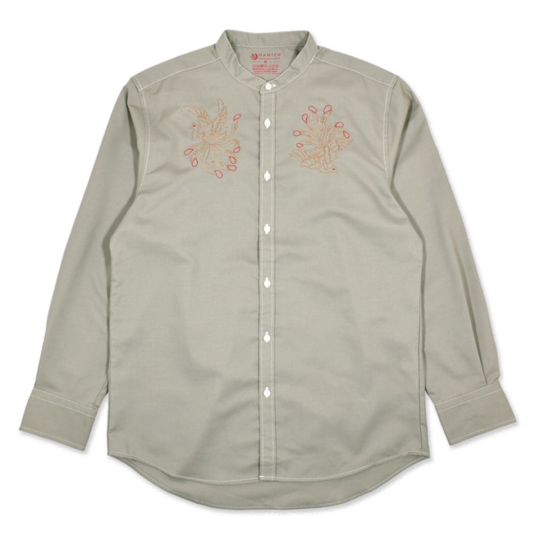 鳳凰ステッチバンドカラー長袖シャツ/S.グリーン