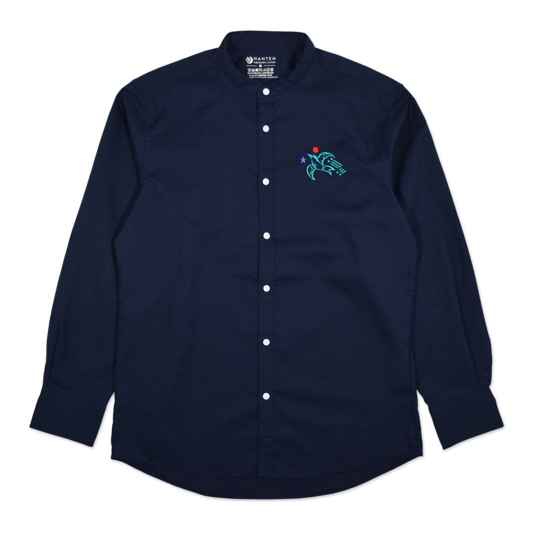 アジサシ刺繍バンドカラー長袖シャツ/ネイビー
