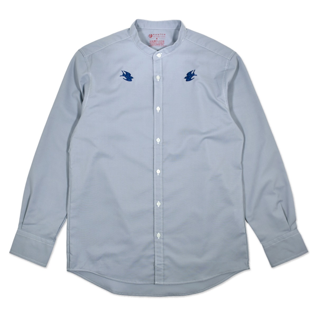 ツバメ刺繍バンドカラー長袖シャツ/グレー