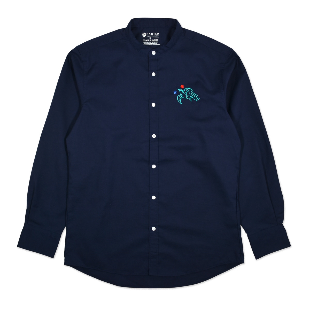 アジサシ刺繍バンドカラー長袖シャツ/ネイビー