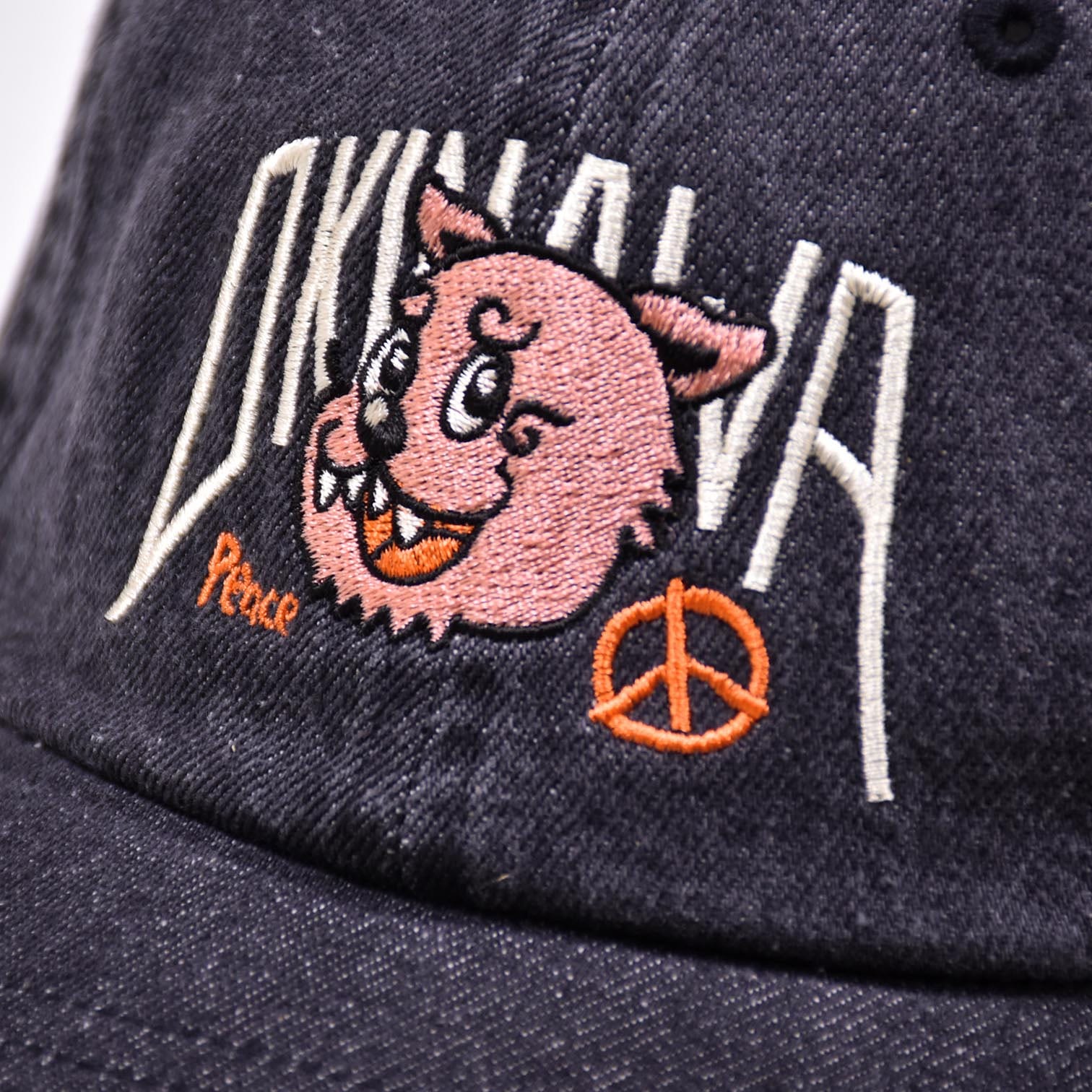 沖縄】NO WAR シーサーCAP/ブラックデニム【刺繍キャップ】