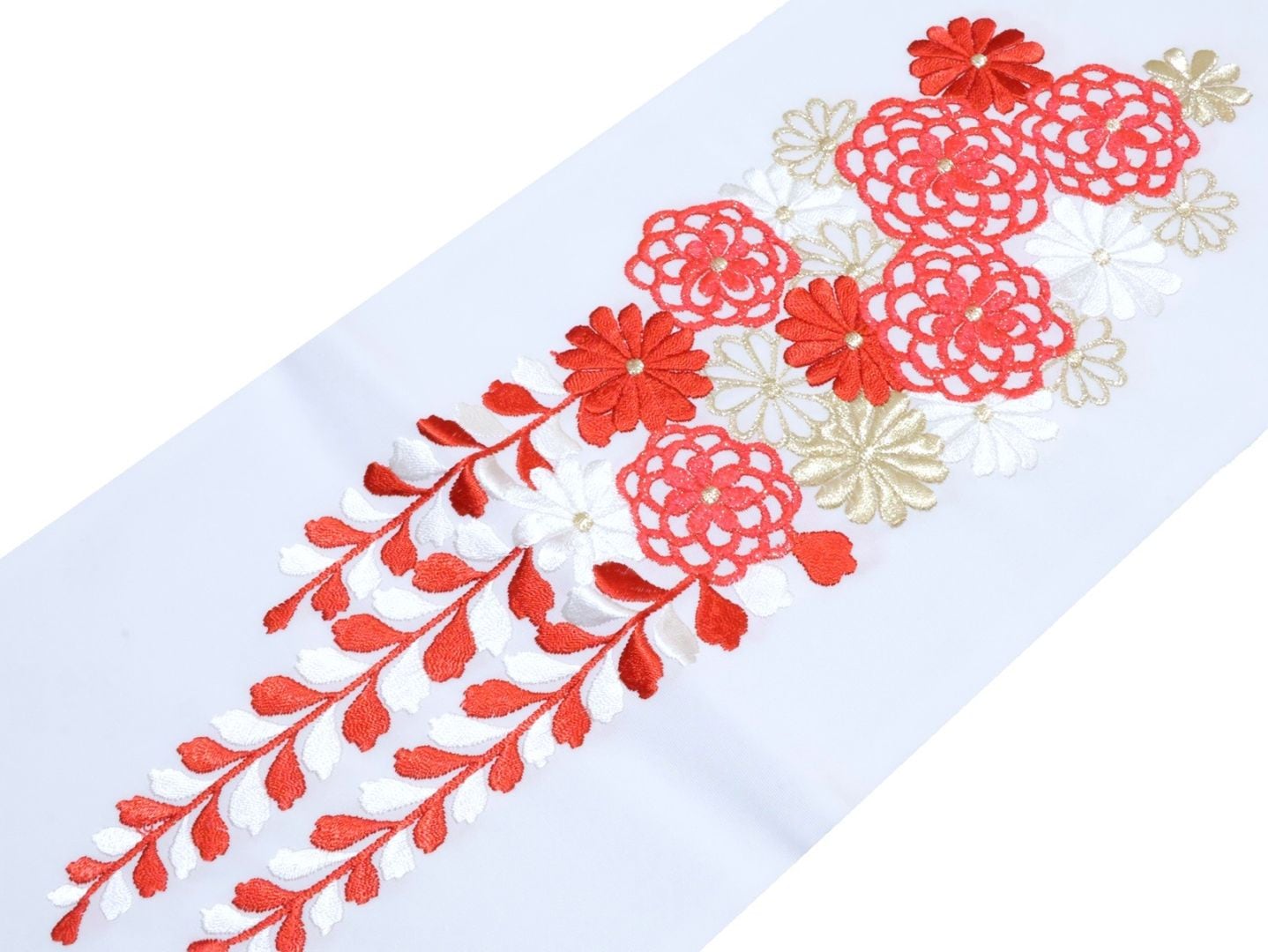 刺繍半衿「白地に赤、白、金色の菊と藤の刺繍」 | 半衿、伊達衿,半衿