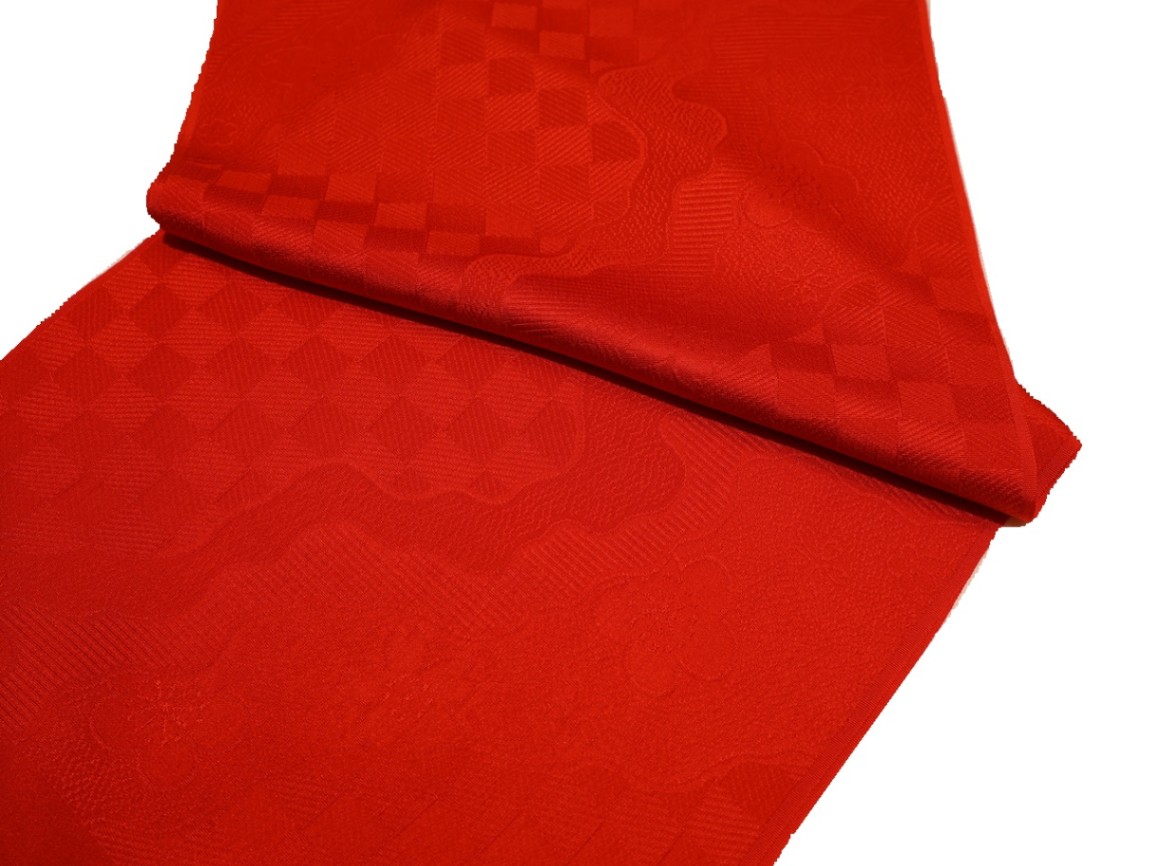 まーちゃん様確認用　赤シゴキ、帯揚げ 正絹帯揚げ「朱赤色の地に流水と市松模様の地模様」 | 帯あげ,帯揚げ