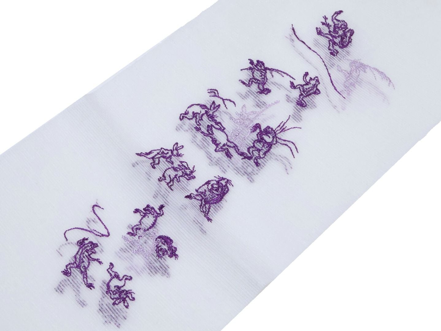 夏物半衿（麻ポリ）「白色の地に紫色の鳥獣戯画の刺繍」 | 半衿、伊達