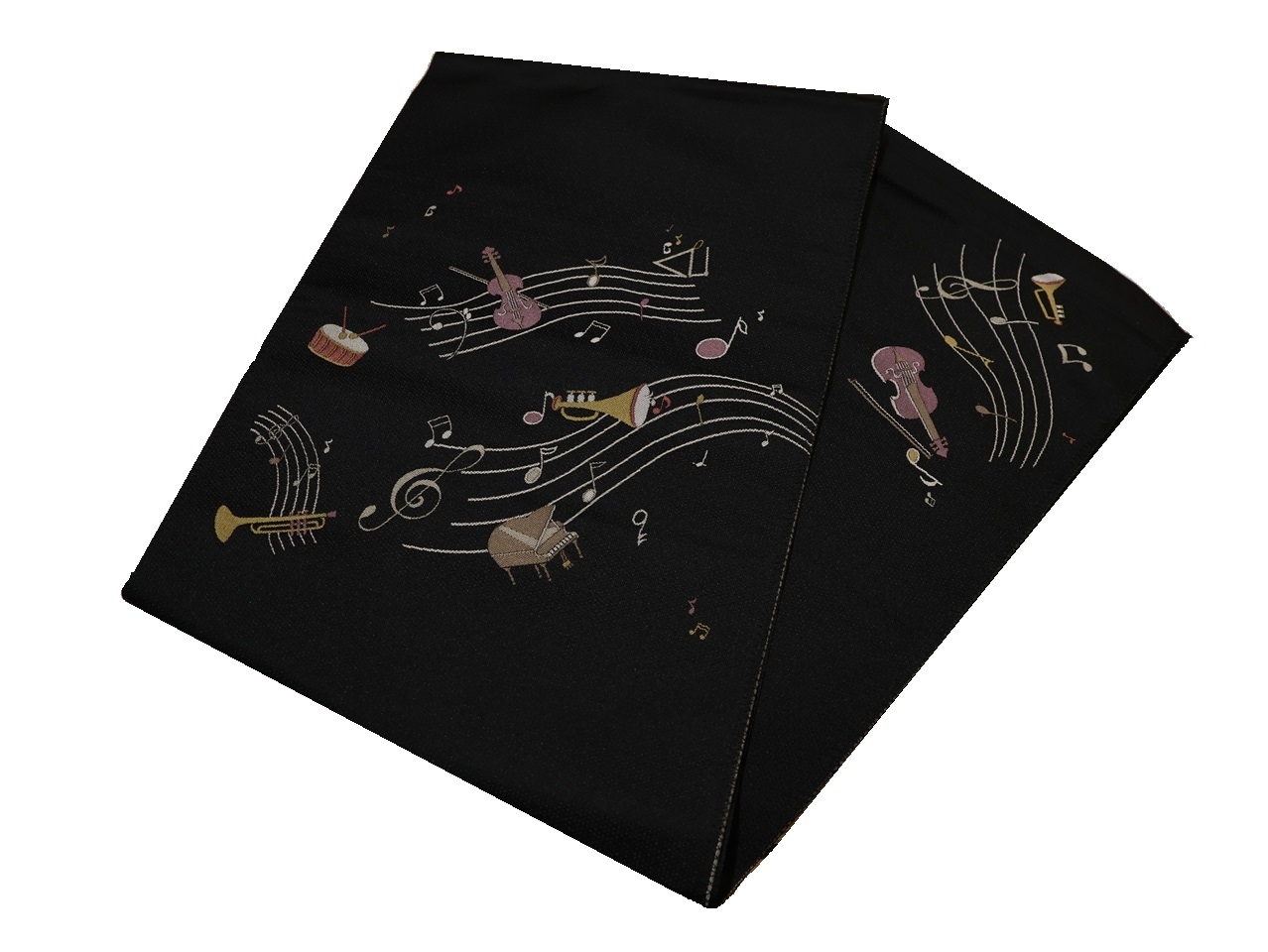ポリエステル名古屋帯「黒色の地に楽器と音符の柄」 | 帯,帯(名古屋帯