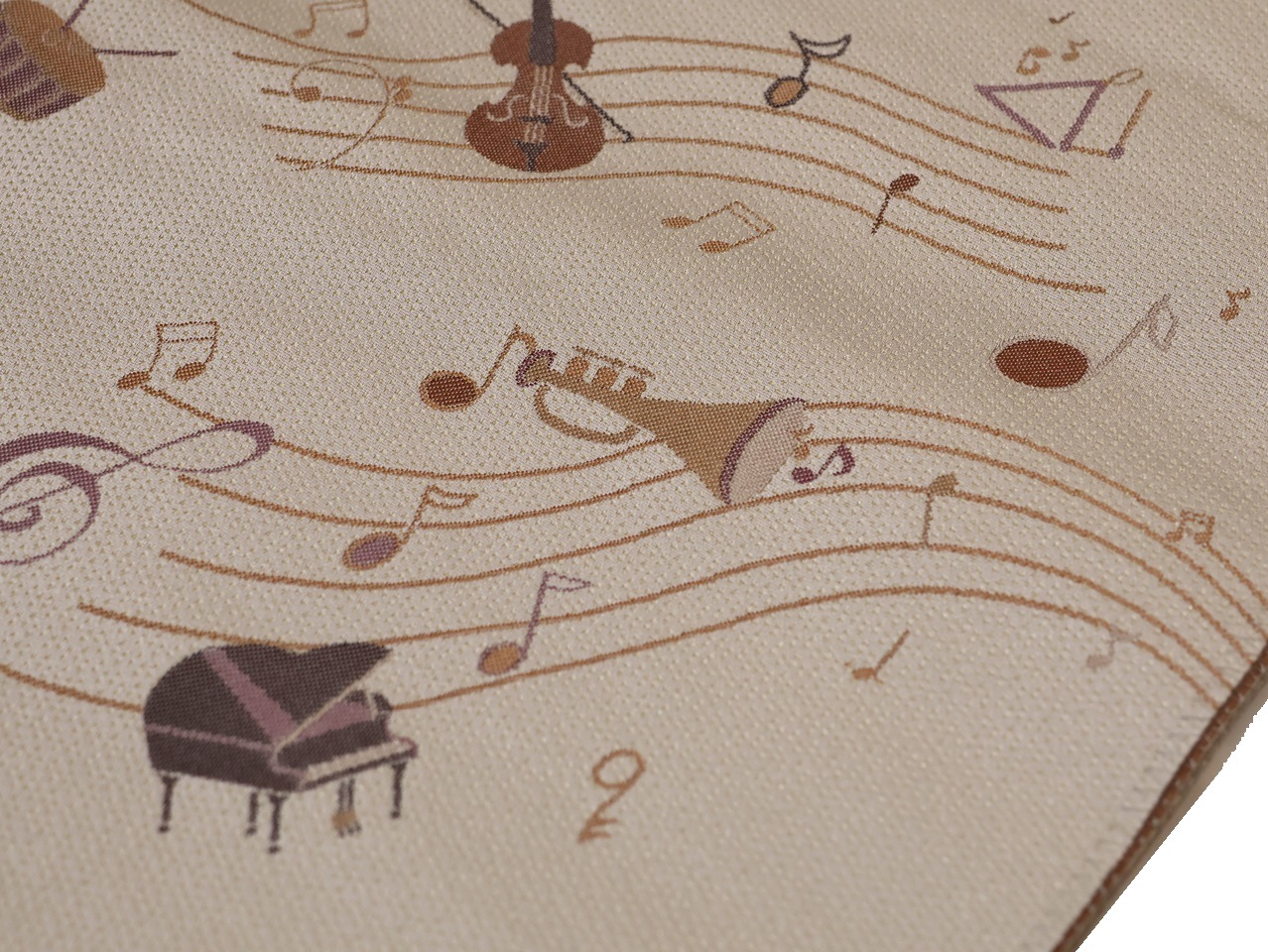 専用　音符　名古屋帯　落款　紬　手描き　おしゃれ ポリエステル名古屋帯「ベージュ色の地に楽器と音符の柄」 | 帯,帯