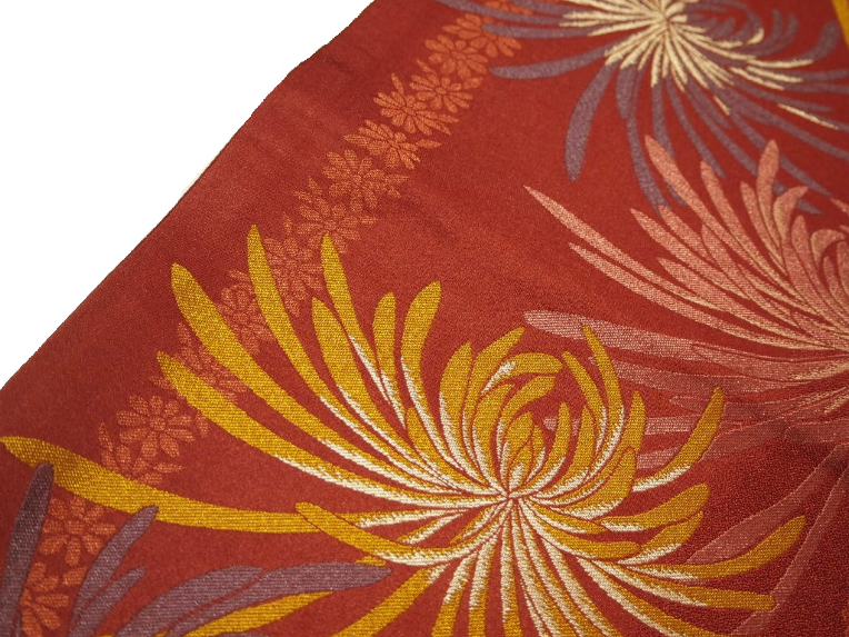 ポリエステル京袋帯「赤茶色の地に金茶色、深紫色の菊の模様」 | 帯,帯  