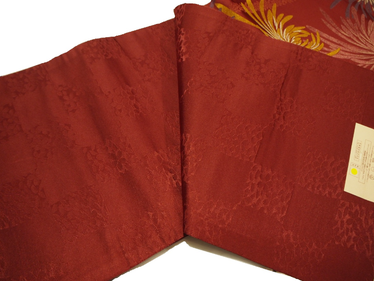 ポリエステル京袋帯「赤茶色の地に金茶色、深紫色の菊の模様」 | 帯,帯