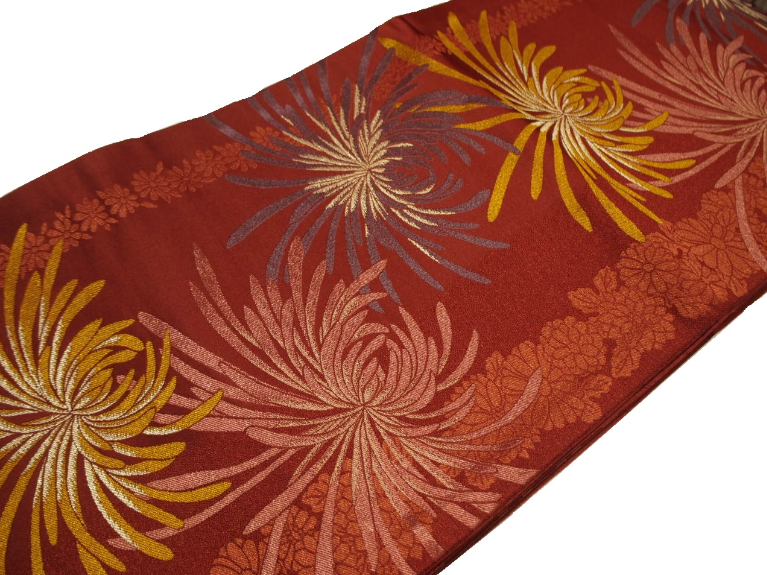 ポリエステル京袋帯「赤茶色の地に金茶色、深紫色の菊の模様」 | 帯,帯