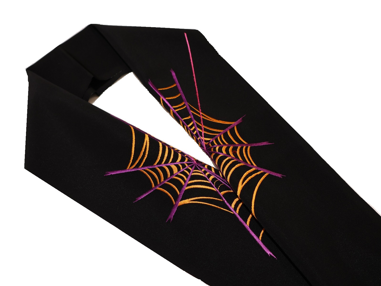 ◆最高品質和歌山染め日本生地◆こげ茶の変わり袖モダン蜘蛛の巣浴衣◆ 刺繍半衿「黒色の地にオレンジ色と紫色の蜘蛛の巣の刺繍」 | 半