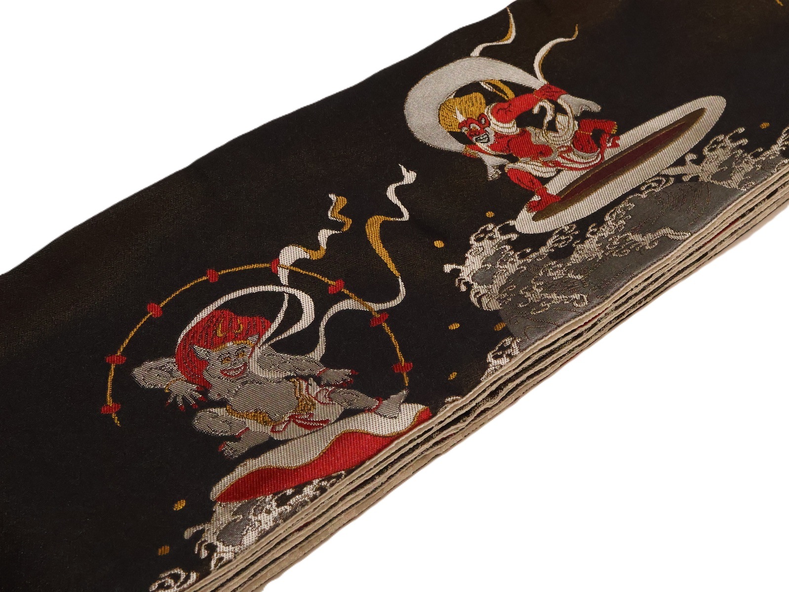 ポリエステル半幅帯「黒金色の地に風神雷神の柄」 | 帯,帯(半幅帯