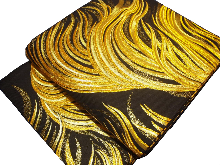 正絹　袋帯　黒地　幾何学　金色模様入り 正絹袋帯「黒色の地に金色の馬毛の模様」 | 帯,帯(袋帯) | 新宿