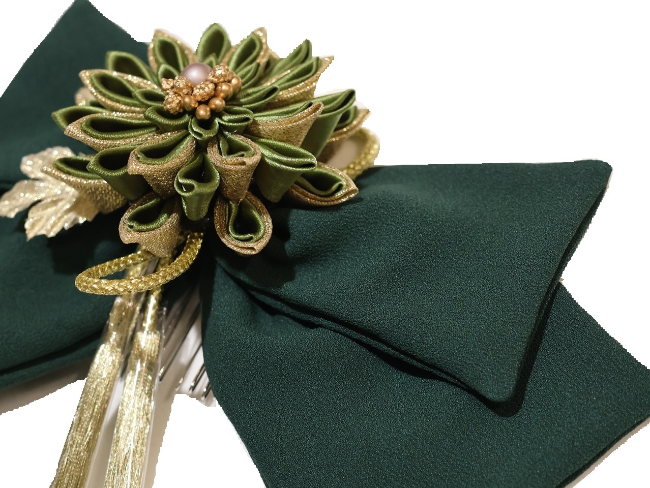 ご確認用金襴リボングリーン髪飾りフラワーアレンジ〆縄作りドールお着物