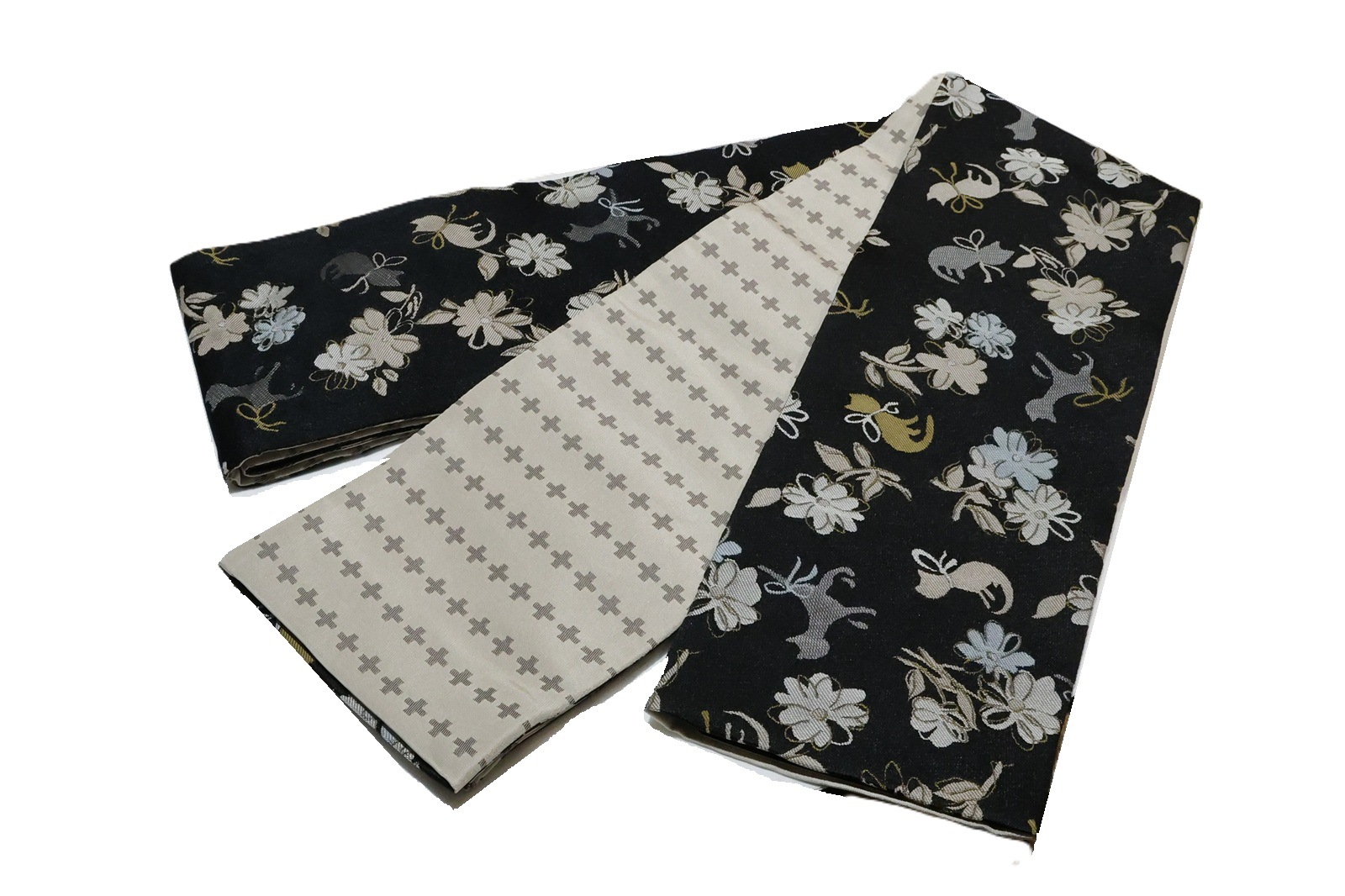 【専用】半幅帯 ポリエステル半幅帯「黒色の地に花とネコの柄」 | 帯,帯(半幅帯