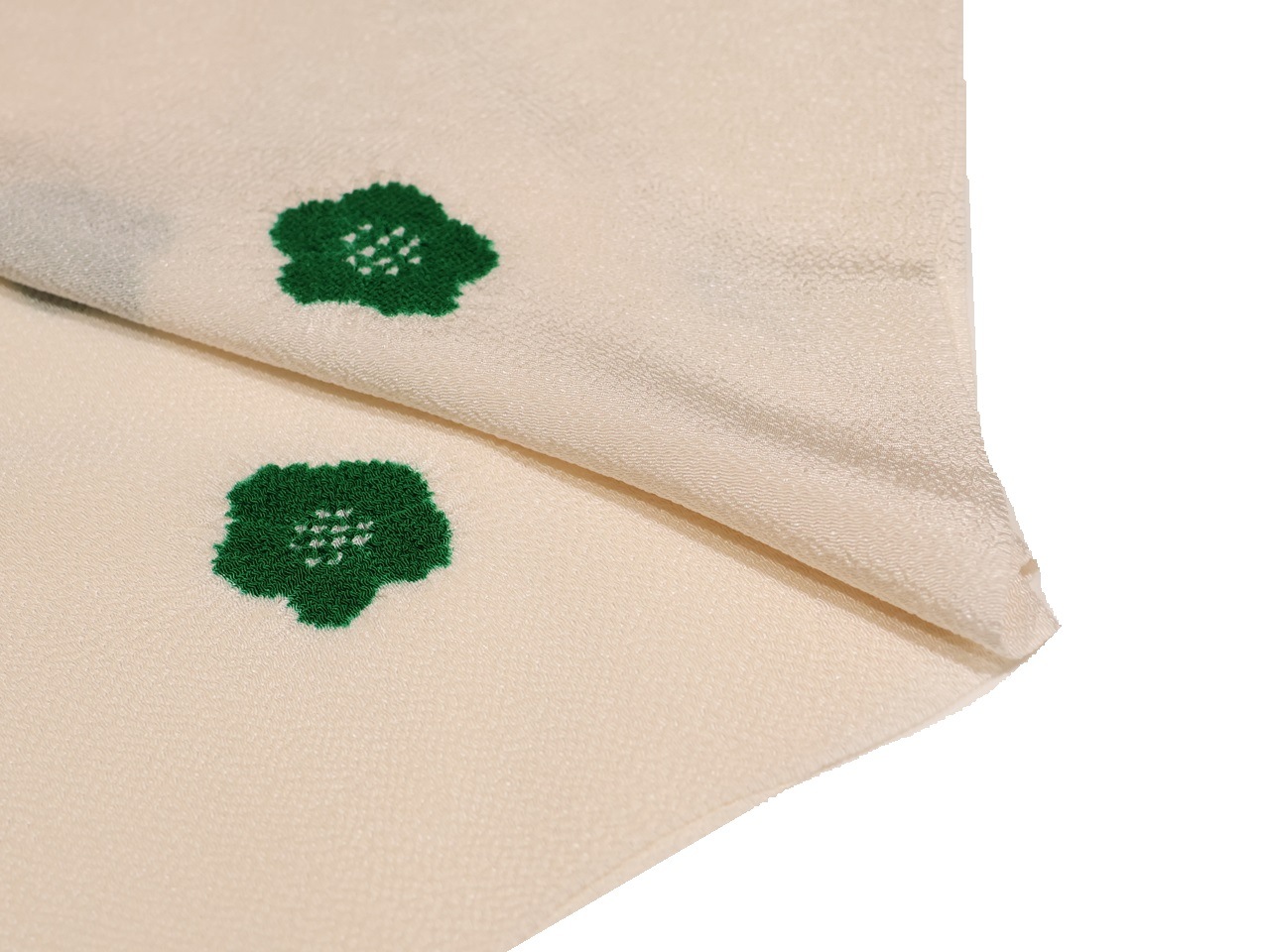 正絹帯揚げ「生成り色の地に緑色の輪出し(ちりめん地)」 | 帯あげ