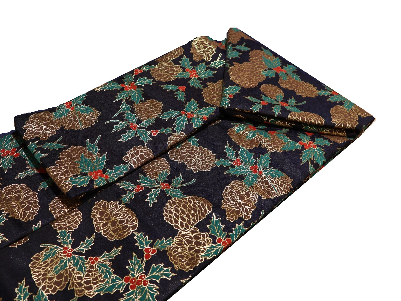 仕立て上がり正絹名古屋帯「黒色の地に松ぼっくりと柊の柄」 | 帯,帯