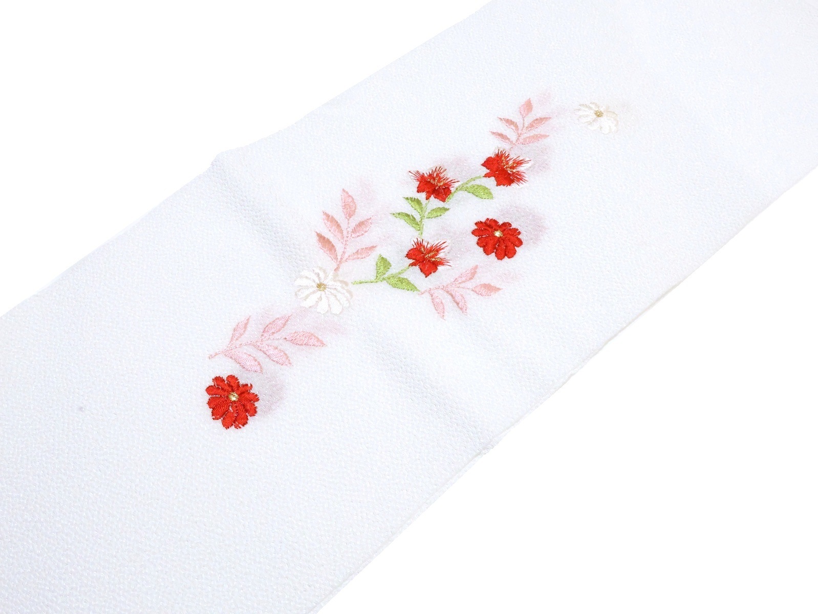 刺繍半衿「白地に赤色と白色の花の刺繍」 | 半衿、伊達衿,半衿(刺繍