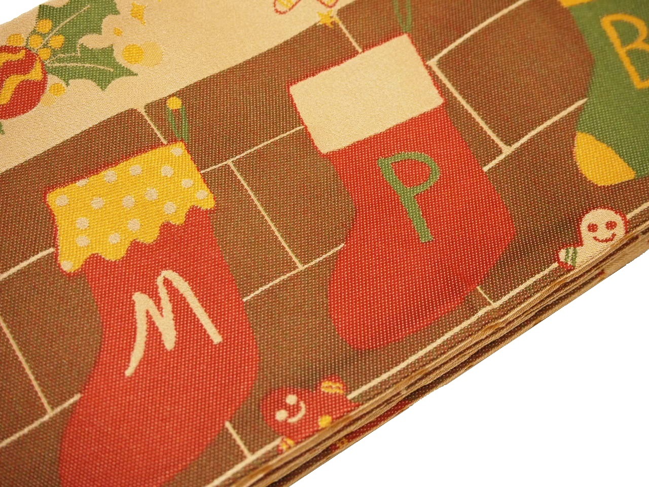 ポリエステル半幅帯「エンジ色の地にクリスマスの靴下の柄」 | 帯,帯