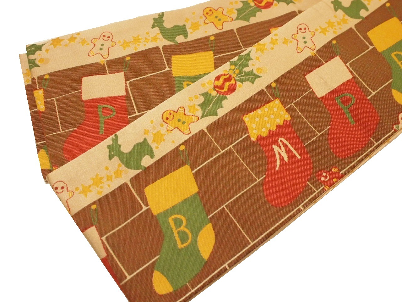 ポリエステル半幅帯「エンジ色の地にクリスマスの靴下の柄」 | 帯,帯