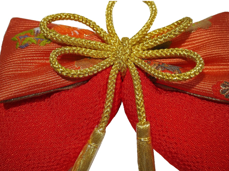 リボン髪飾り「朱色と金襴（朱色に花柄）のリボン」 | 髪飾り,髪飾り