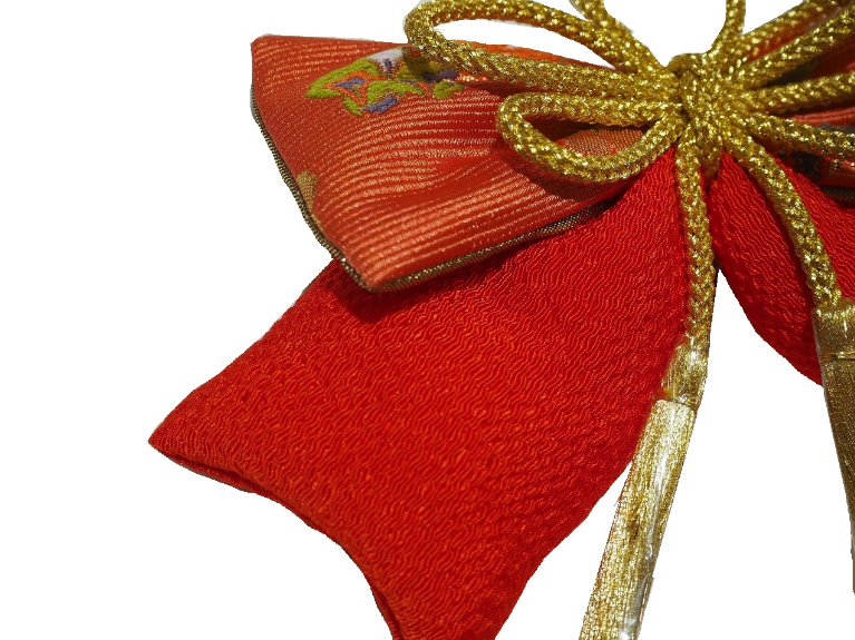 リボン髪飾り「朱色と金襴（朱色に花柄）のリボン」 | 髪飾り,髪飾り