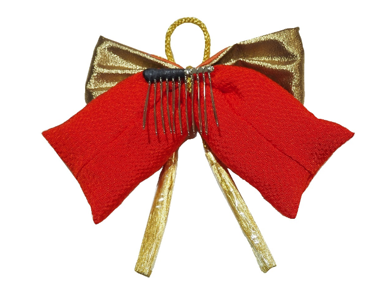 リボン髪飾り「朱色と金襴（朱色に花柄）のリボン」 | 髪飾り,髪飾り