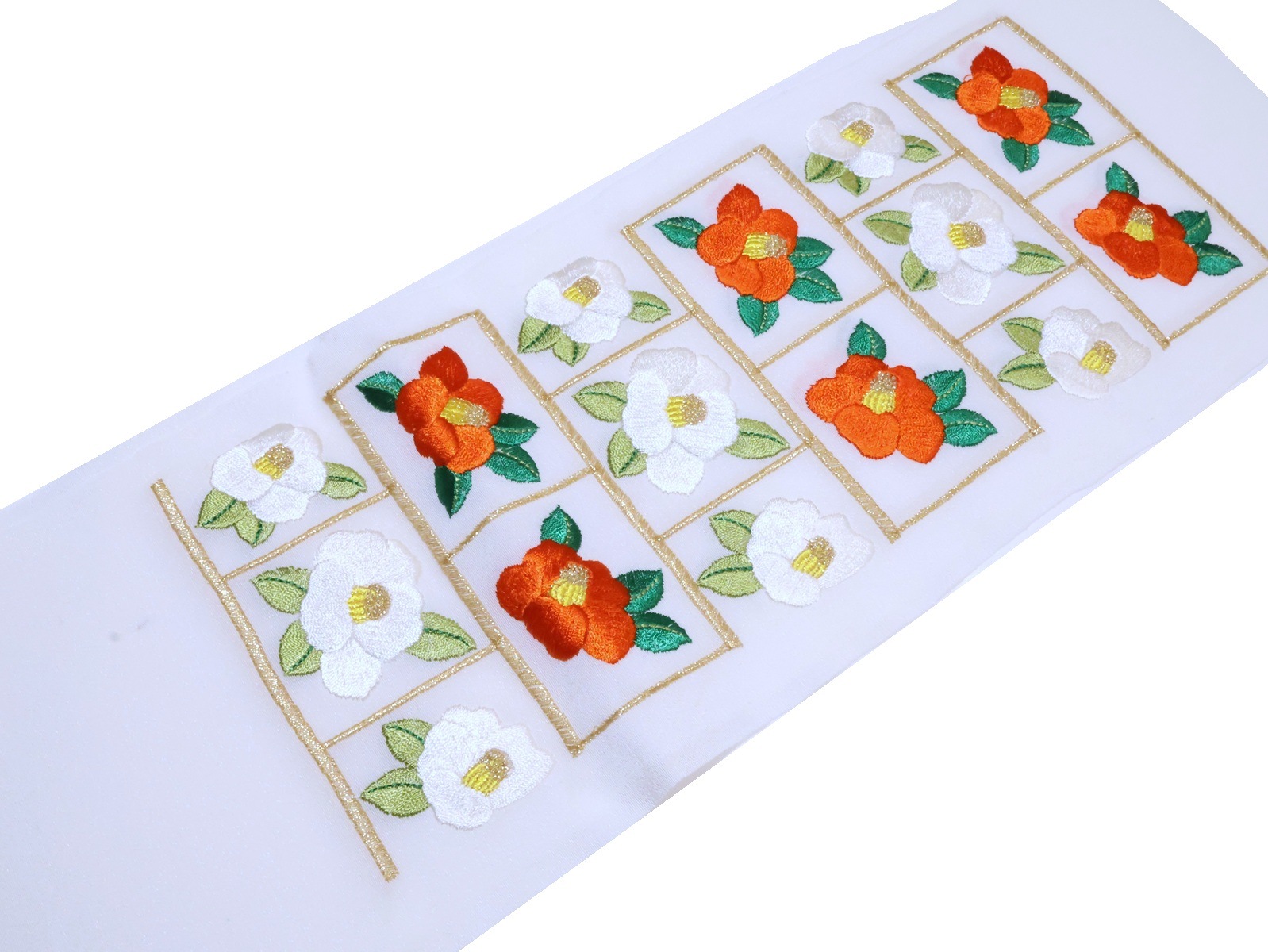 刺繍半衿「白地に朱色と白色の椿の刺繍」 | 半衿、伊達衿,半衿(刺繍