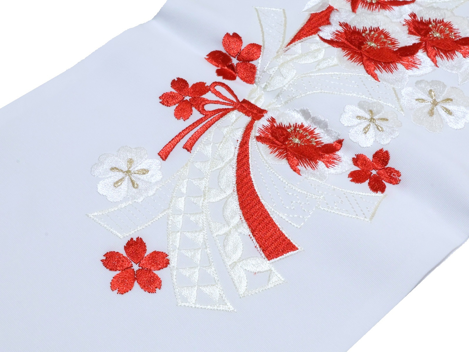 刺繍半衿「白色の地に赤色と白色の束ね熨斗と桜の刺繍」 | 半衿、伊達