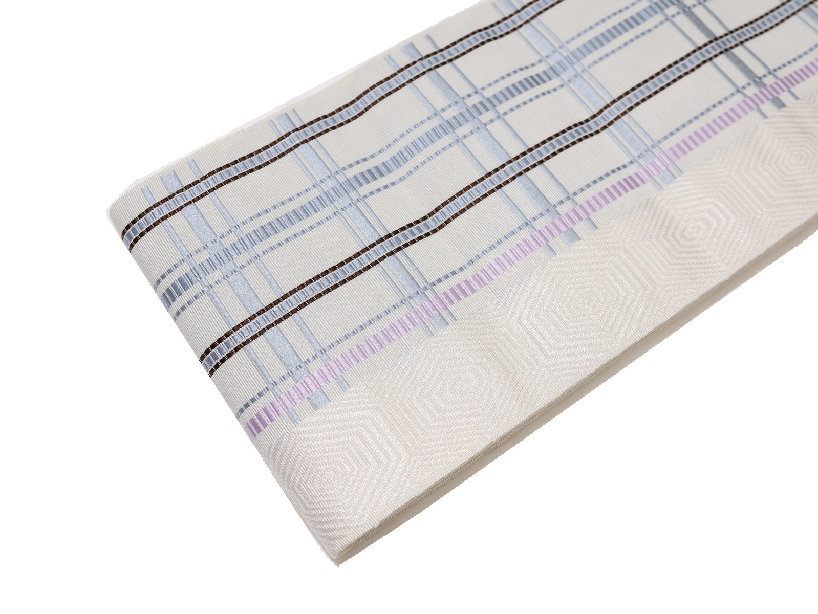 絹交織博多織半幅帯「白色の地にグレー色、フジ色、こげ茶色の格子模様