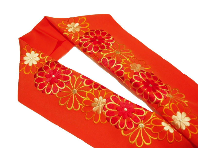 刺繍半衿「オレンジ色の地に赤や黄色の菊づくしの刺繍」 | 半衿、伊達