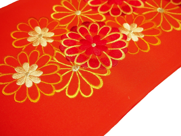 [新品] シルク製高級マントン・オレンジ地x赤・カラー刺繍 b78283b8d09131a21d94cd7091c402