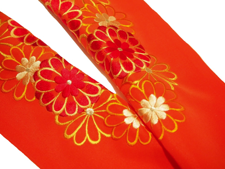 刺繍半衿「オレンジ色の地に赤や黄色の菊づくしの刺繍」 | 半衿、伊達