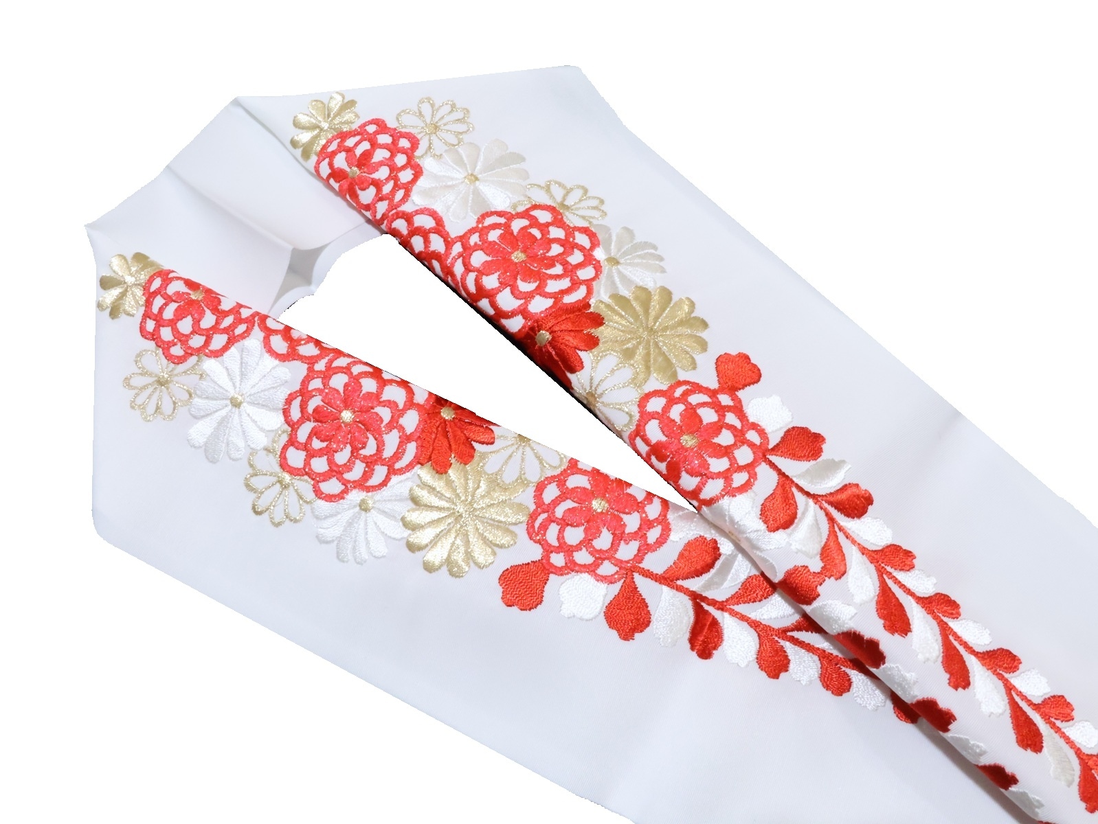刺繍半衿「白地に赤、白、金色の菊と藤の刺繍」 | 半衿、伊達衿,半衿