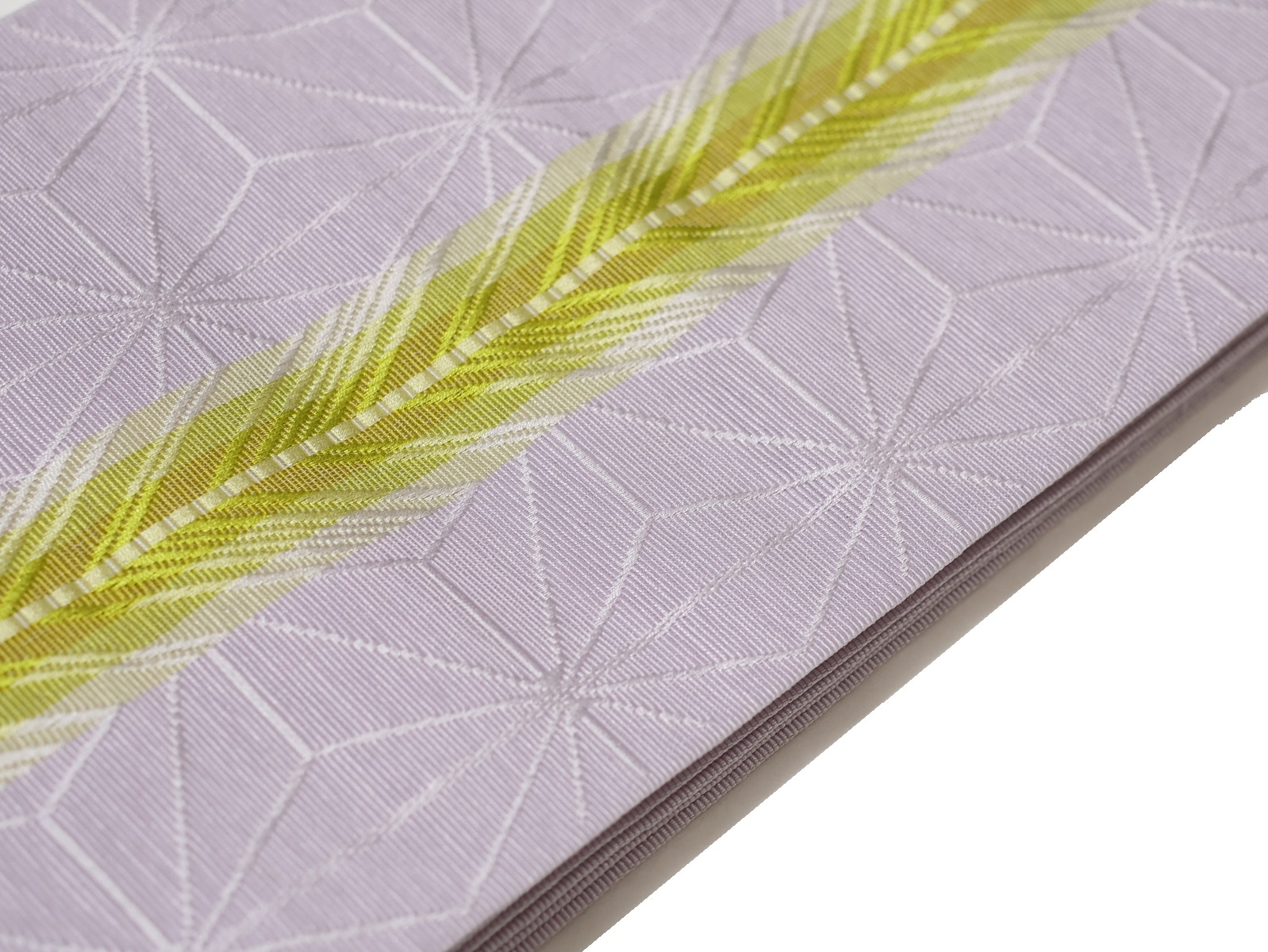 正絹博多織半幅帯「グレー色の地に麻の葉模様と金茶色の矢羽根風模様