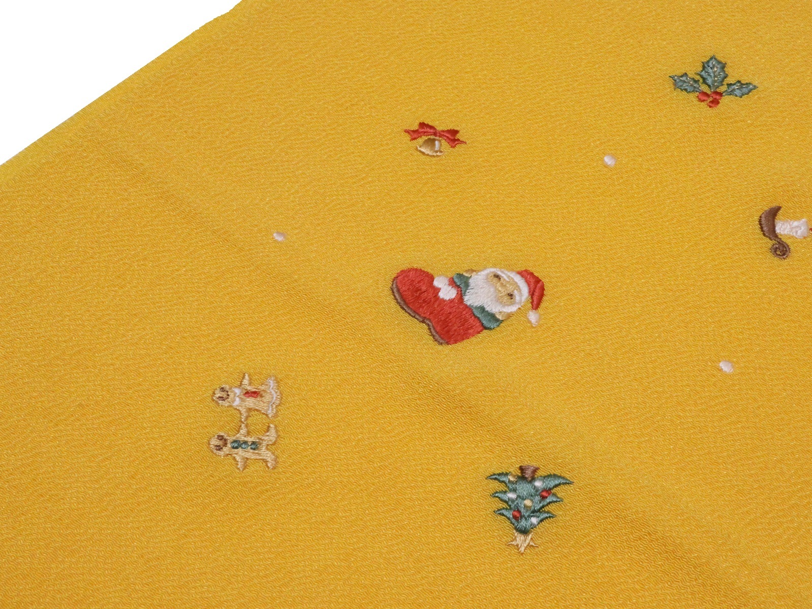 正絹帯揚げ「黄色の地にクリスマスの刺繍」 | 帯あげ,帯揚げ(普段着 