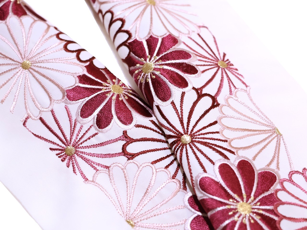 刺繍半衿「白色の地に赤紫色の菊の刺繍」 | 半衿、伊達衿,半衿(刺繍