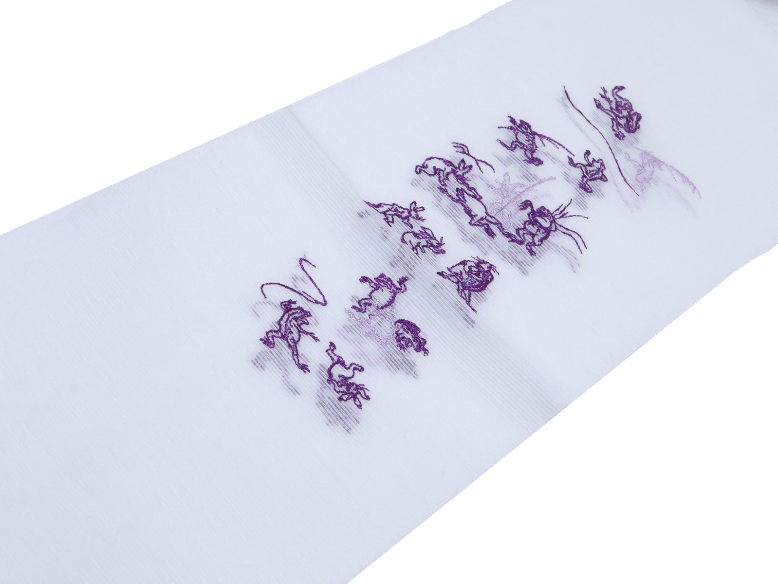 夏物半衿（麻ポリ）「白色の地に紫色の鳥獣戯画の刺繍」 | 半衿、伊達