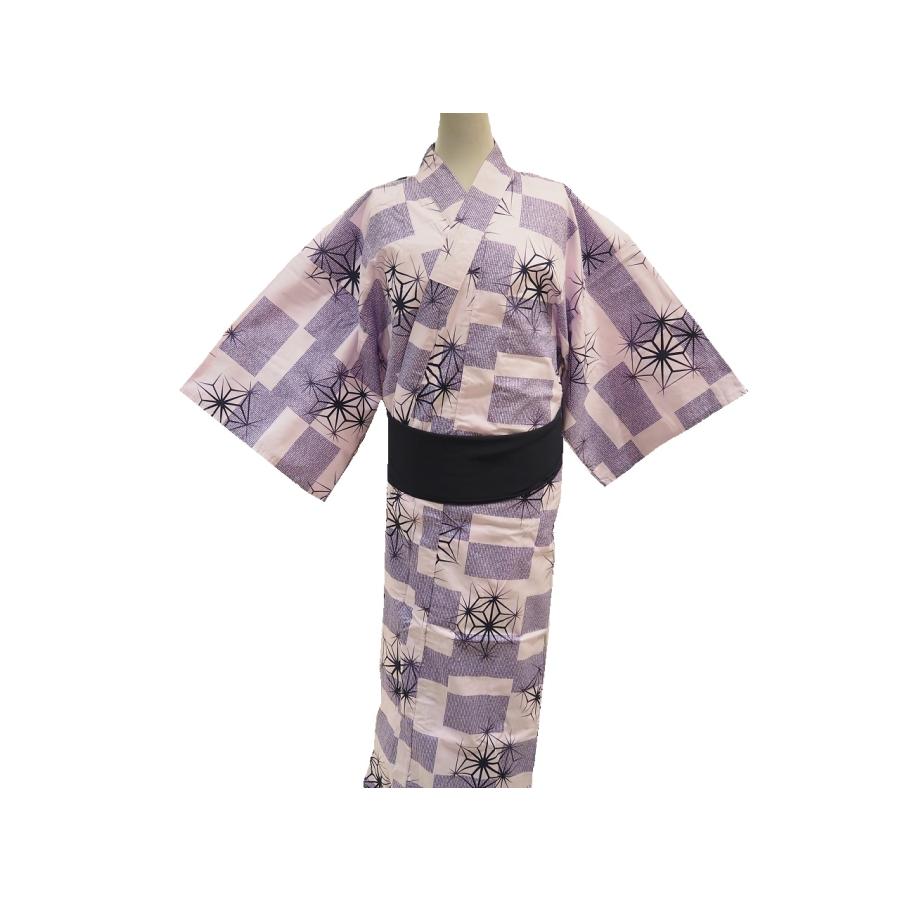 朝壱　浴衣生地 ねまき浴衣「濃淡のフジ色の市松と麻の葉模様（№2495