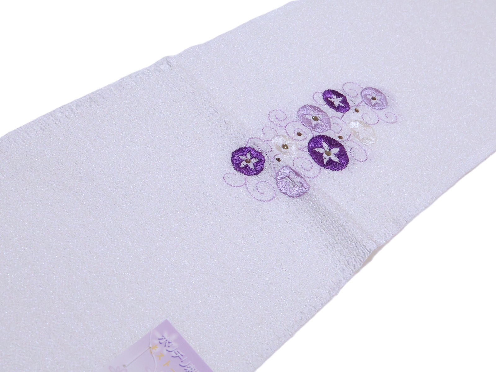 夏物刺繍半衿（絽）「白色の地に紫色の朝顔の刺繍（ラインストーン付