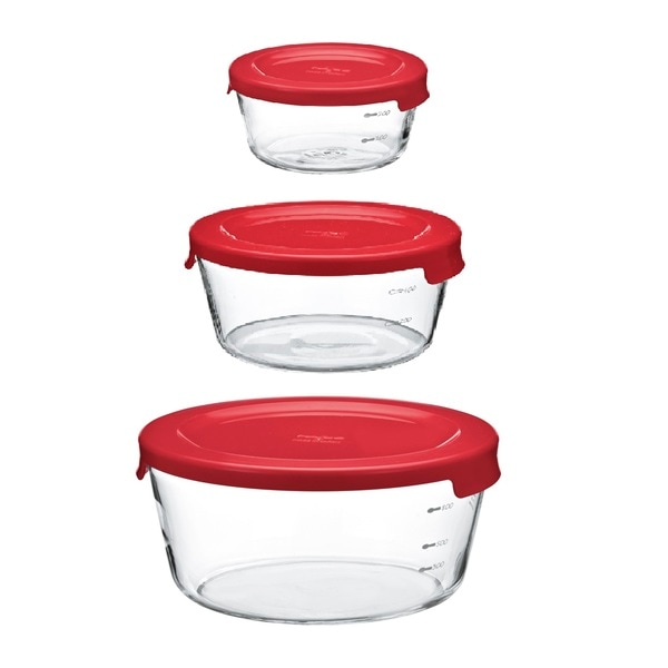 【SALE品】【ロット=18】ハリオ HARIO 耐熱ガラス製保存容器丸3個セット レッド MST-3018-R