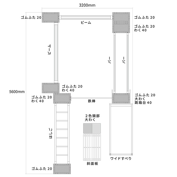 室内 鉄棒、体育体操マット、スケートボードセクション スケボーレール