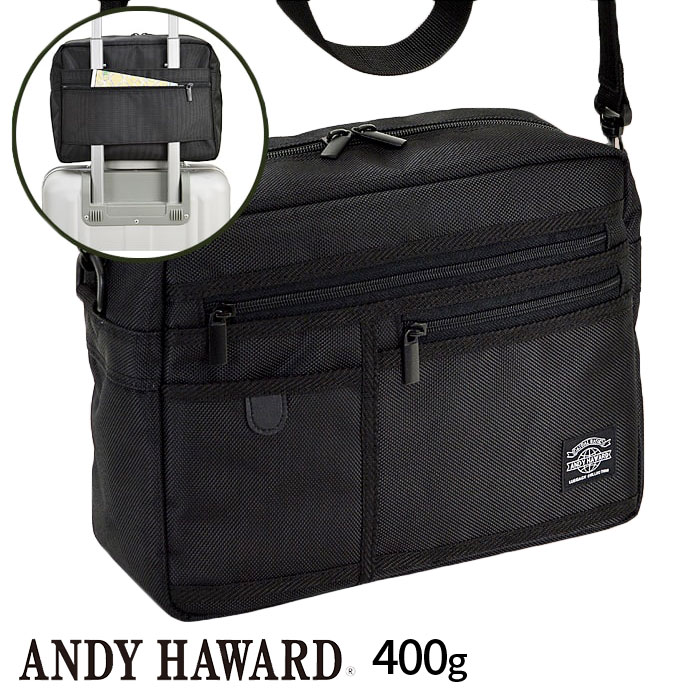 ショルダーバッグ メンズ 斜めがけ カジュアル B5 横型 ショルダーバック ヨコ型 キャリーバー通し付き 40代 50代 ANDY HAWARD #33707 旅行 観光 帰省 黒 サブバッグ[tr]