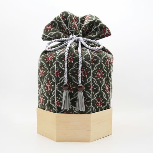 布製 骨壷カバー 金華山織 くるみ ボタニカルクロス柄 オリーブ×茜【7寸用】木桶付き