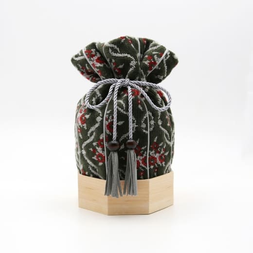 布製 骨壷カバー 金華山織 くるみ ボタニカルクロス柄 オリーブ×茜 【3寸用】木桶付き