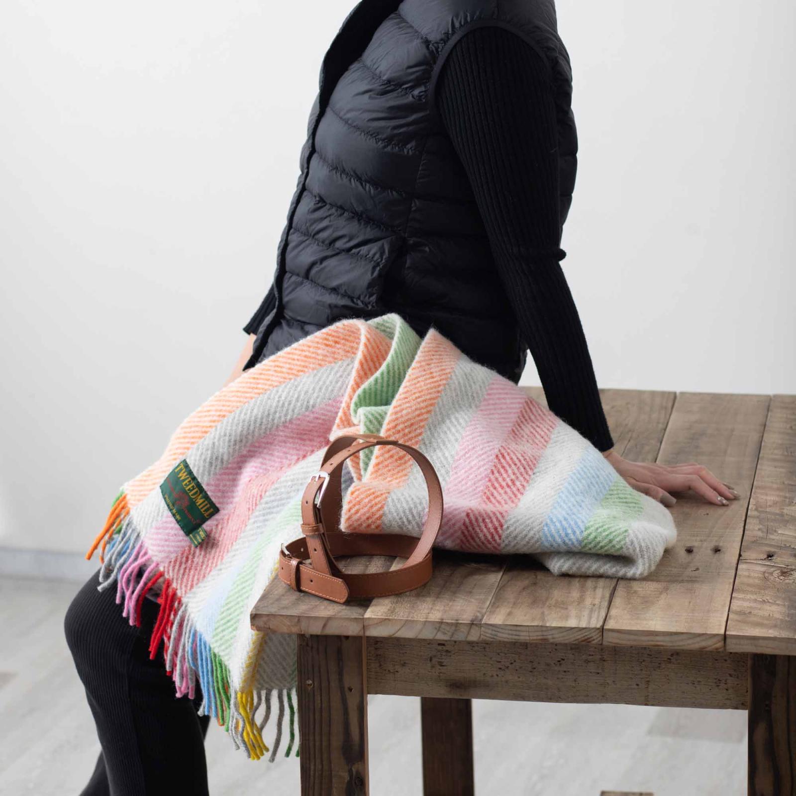 【年末SALE】ステンドグラスのような　ふんわりレインボーブランケット ブランケット ニーラグ 70x183cm レインボー グレーストライプ