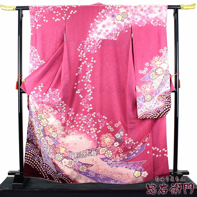 振袖 レディース フォーマル 正絹 貸衣装 処分 単品 裄丈63.5cm リサイクル ピンク 桜 コスモス 熨斗 刺繍 成人式 晴れ着 中古着物 リサイクル着物 【中古】