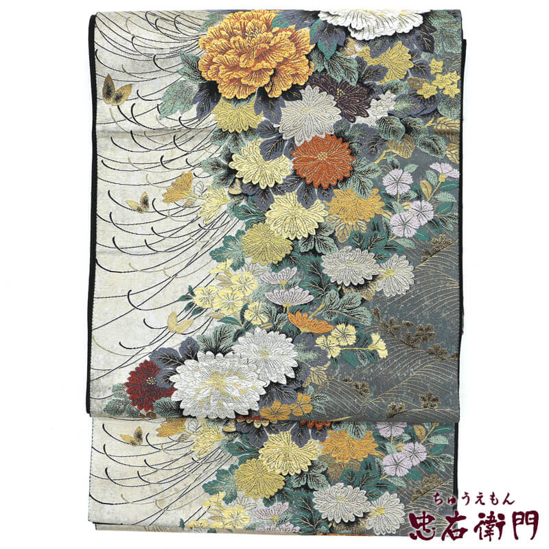 【50%OFF|えびす講セール|期間限定】【中古】 菊や萩などのお花のシックな袋帯 リサイクル 正絹 フォーマル ブラック シルバー レディース 長さ443cm 即日発送